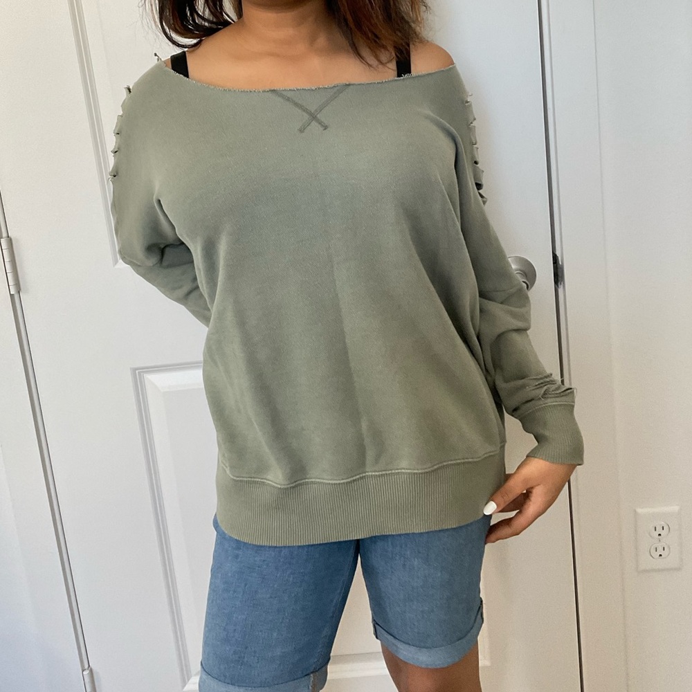CUSTOMIZED Olive Green Off The Shoulder Sweatshirt by Aerie